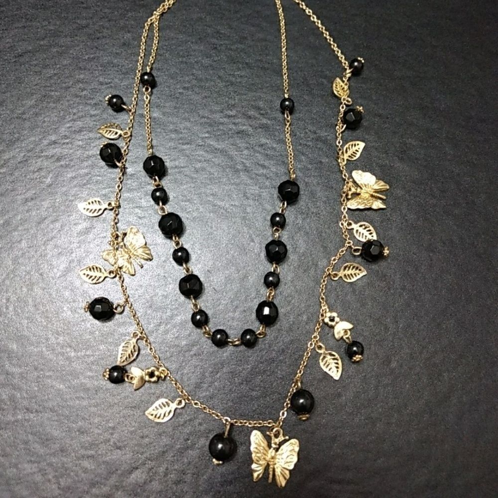 Vintage Butterflies leaves and black beads necklace 18-20"